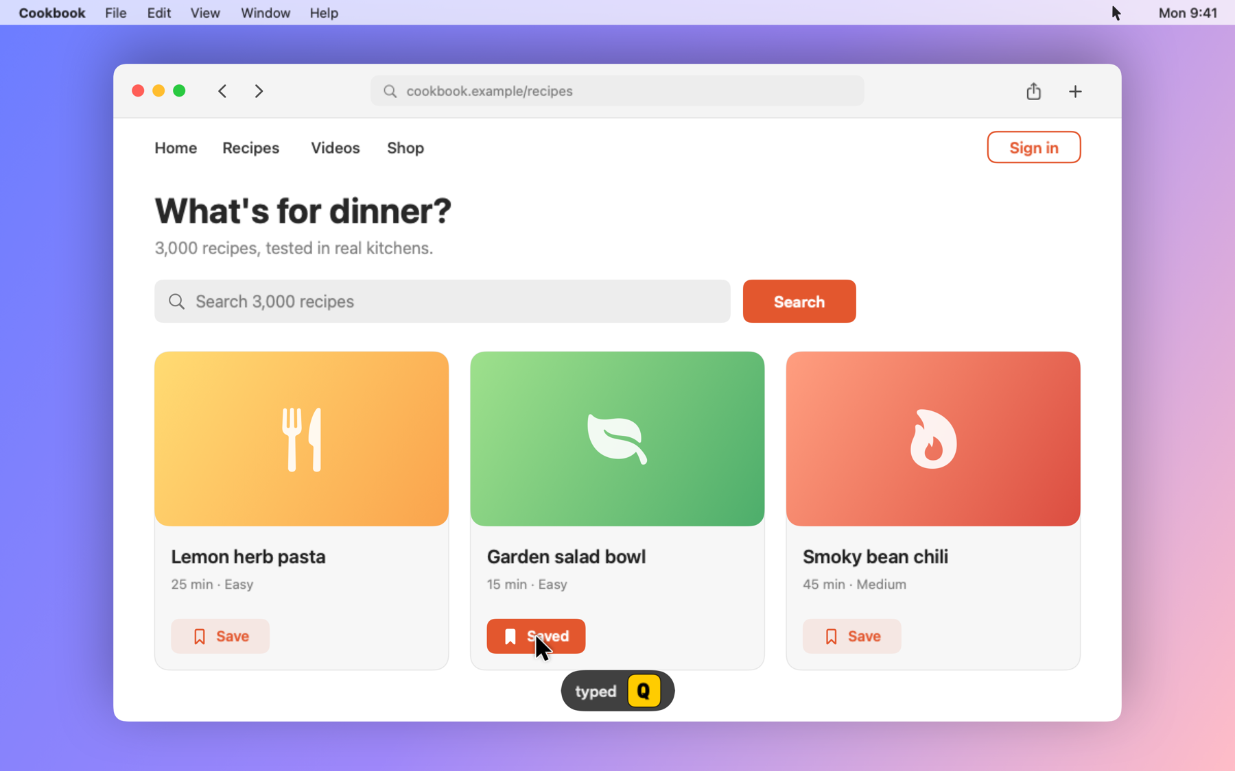 The same recipe app after typing Q: the Save button on the salad recipe now reads Saved, and the labels are gone.