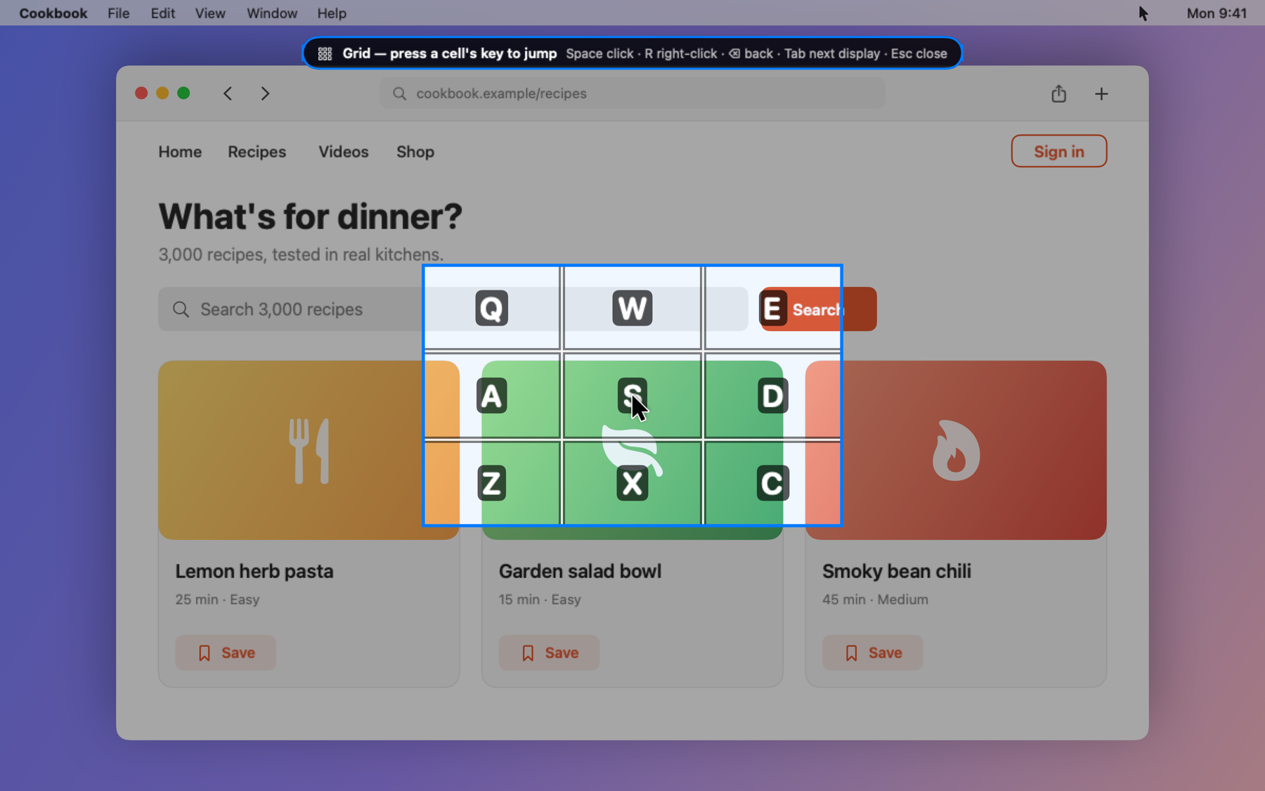 A 3 by 3 grid with cells labeled Q W E, A S D, Z X C, zoomed into the middle of the screen.