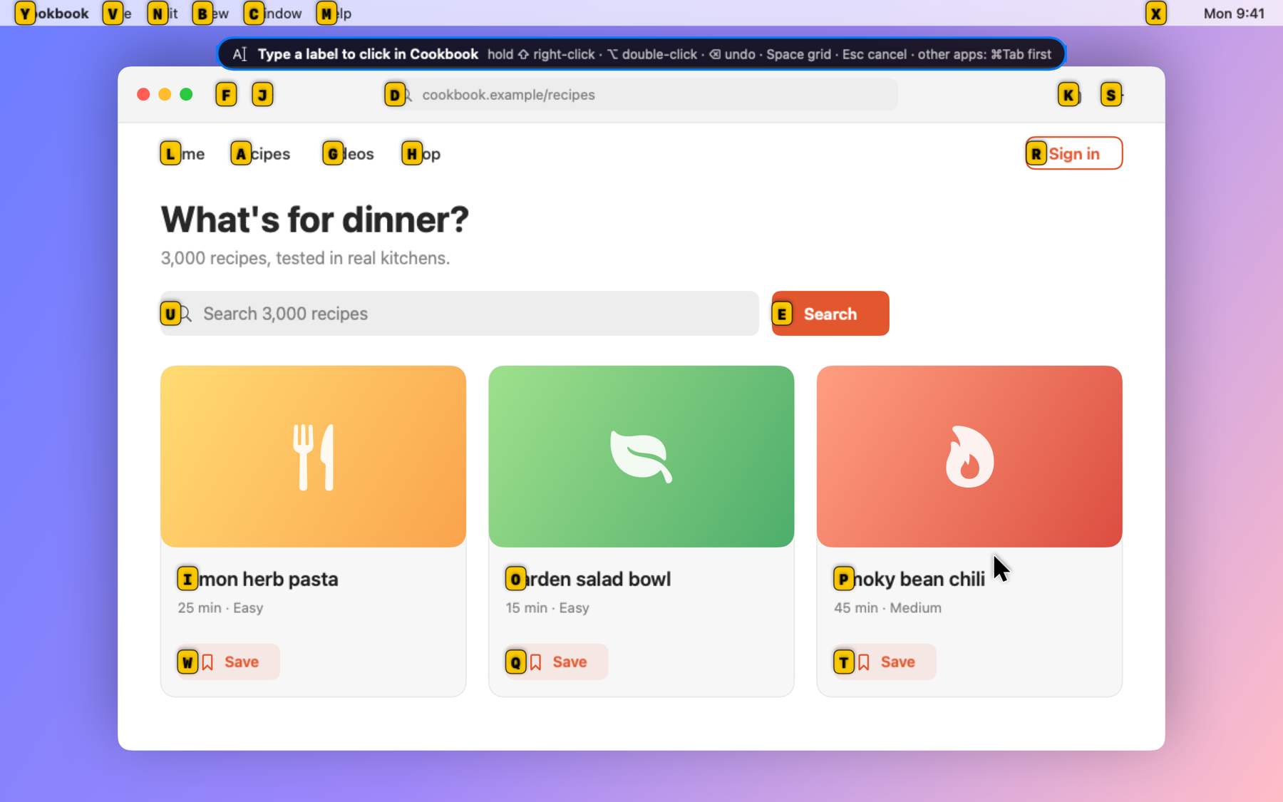 A recipe app with yellow letter labels on every button, link and menu. A badge at the top says: Type a label to click in Cookbook.