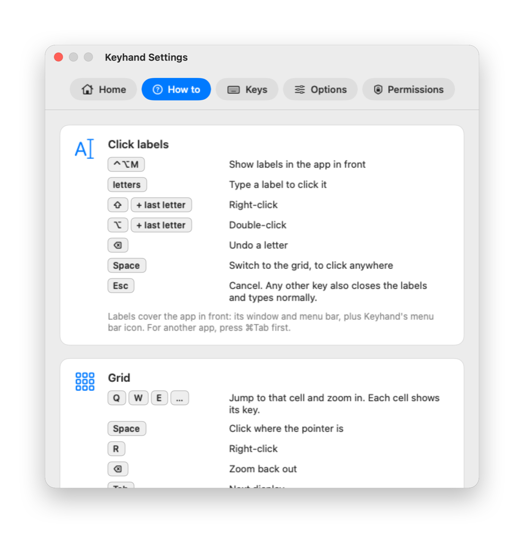 Keyhand Settings, How to tab, listing the keys for click labels and the grid.
