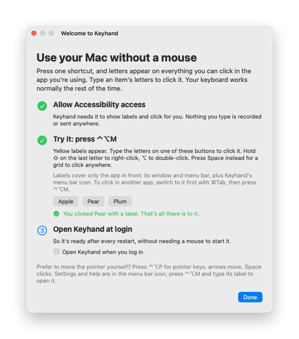The Welcome to Keyhand window with three steps: allow Accessibility access, try it, and open Keyhand at login.
